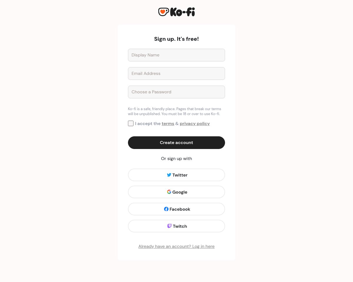 Screenshot of the Ko-fi signup page
