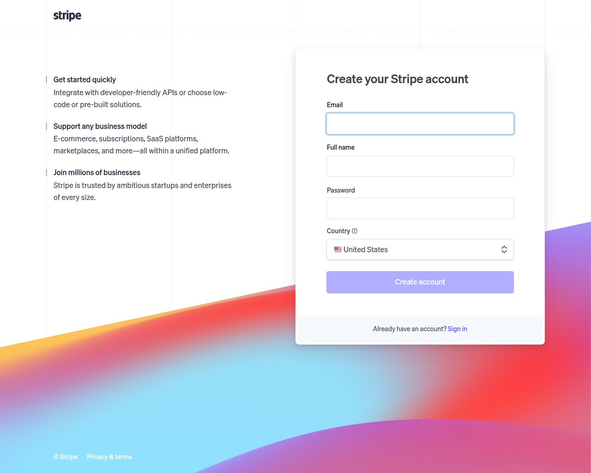 Screenshot of the Stripe signup page