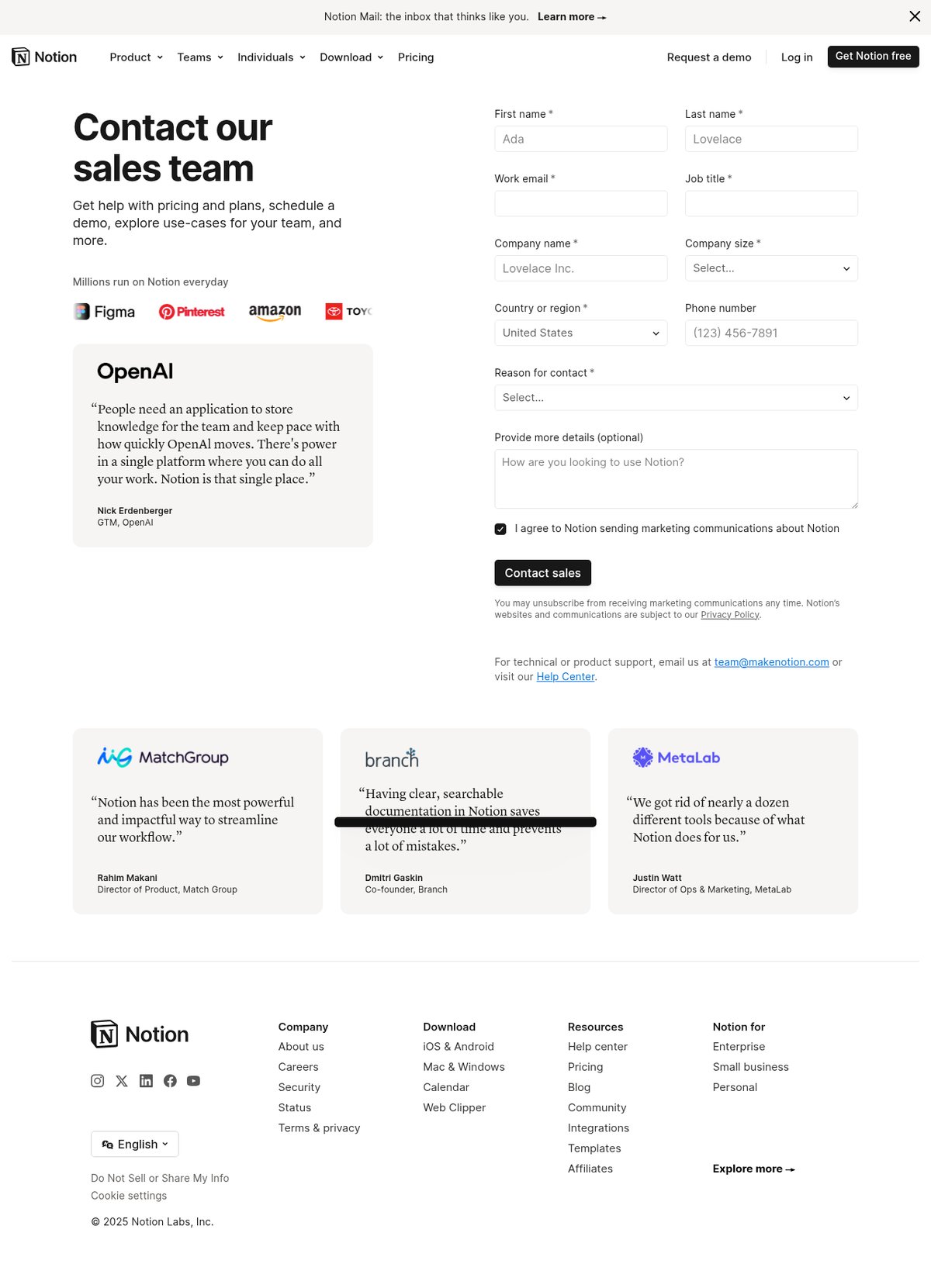 Screenshot of the Notion contact page