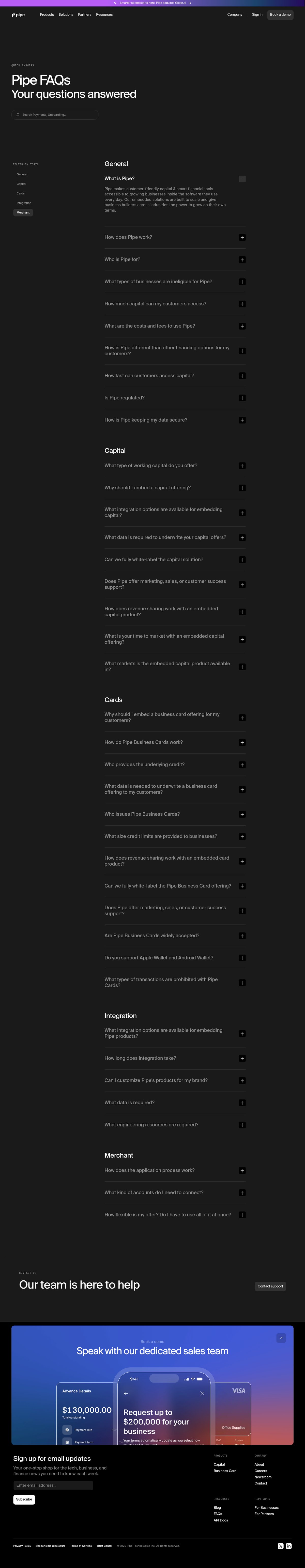 Screenshot of the Pipe FAQ page