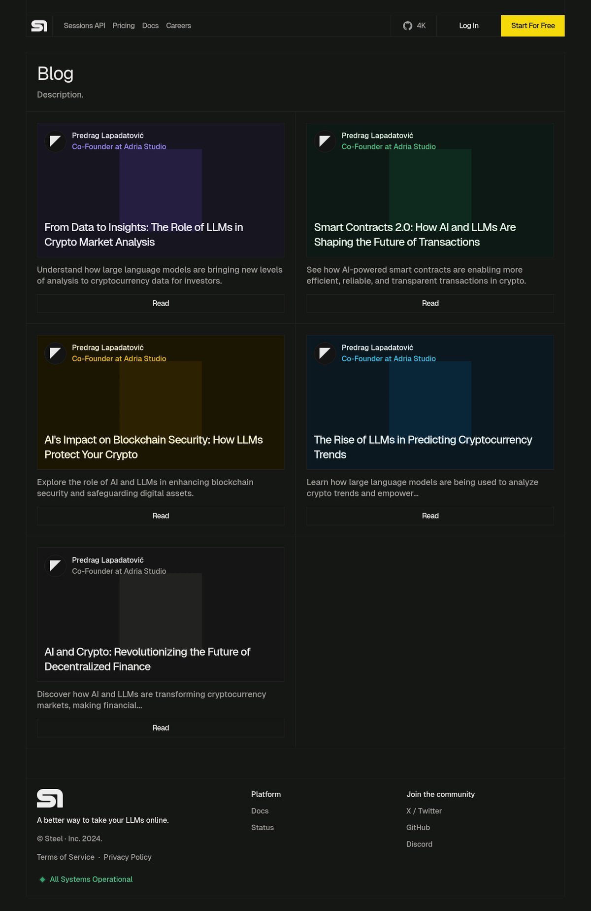 Screenshot of the Steel blog page