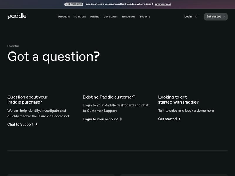 Screenshot of the Paddle contact page