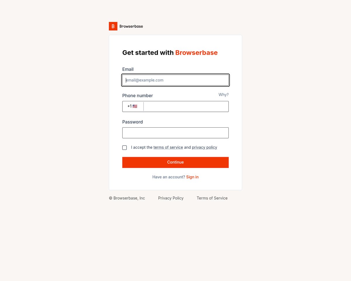 Screenshot of the Browserbase signup page