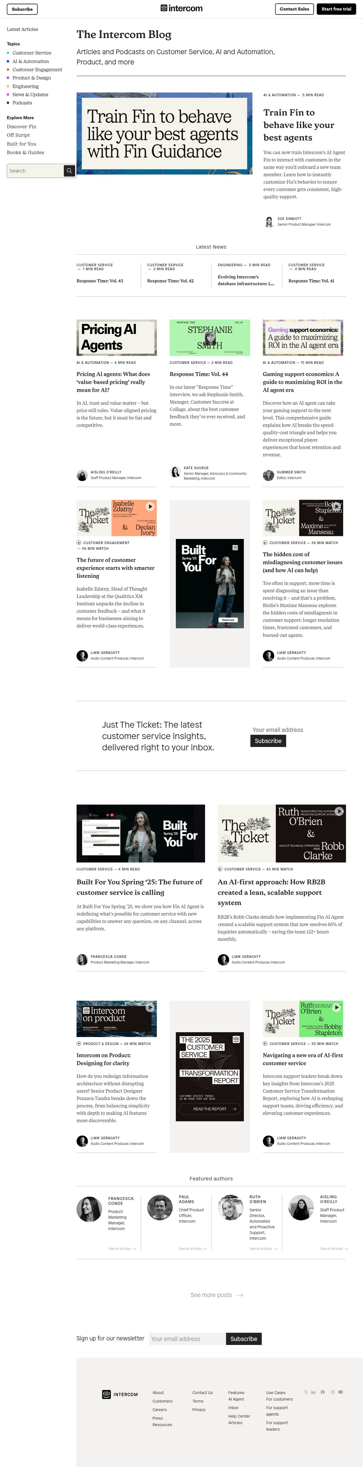Screenshot of the Intercom blog page