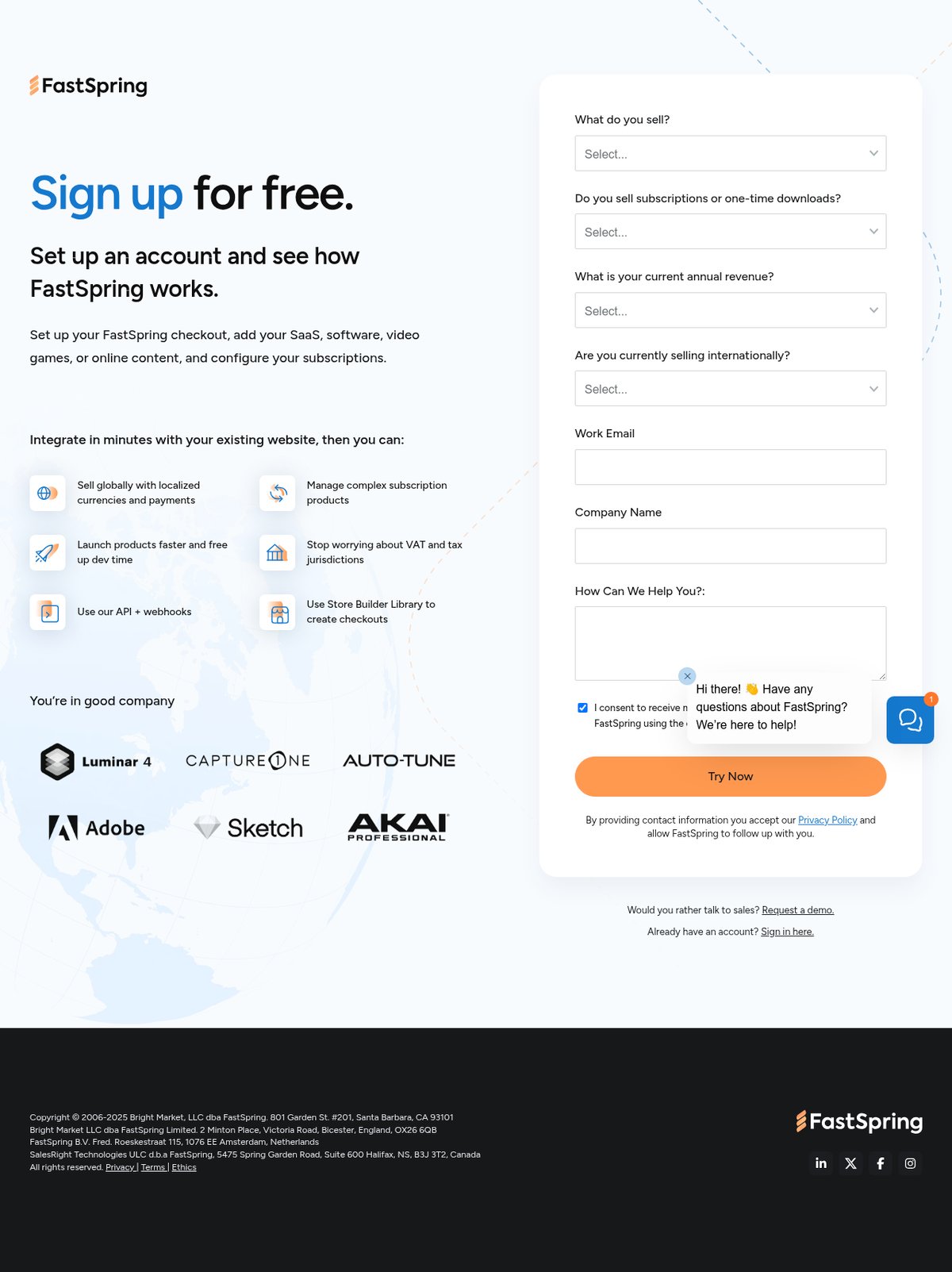 Screenshot of the FastSpring signup page