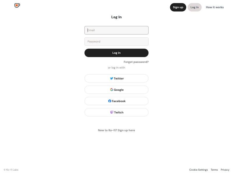 Screenshot of the Ko-fi login page