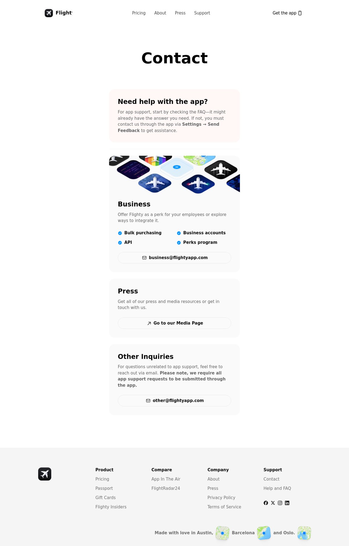 Screenshot of the Flighty contact page