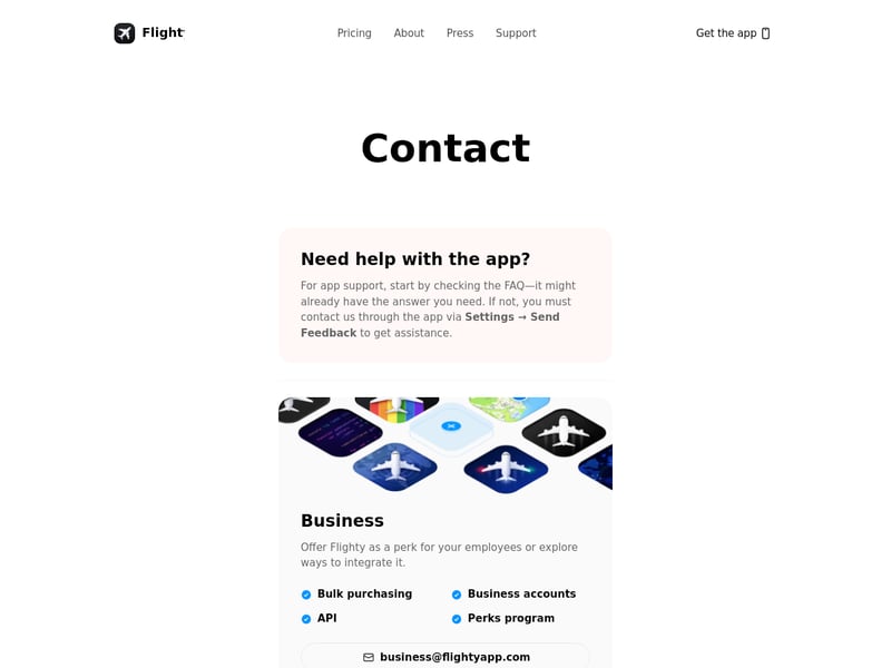 Screenshot of the Flighty contact page