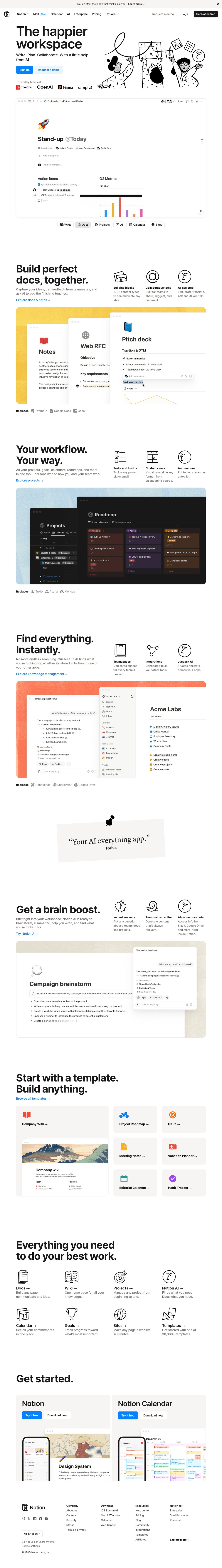 Screenshot of the Notion landing page