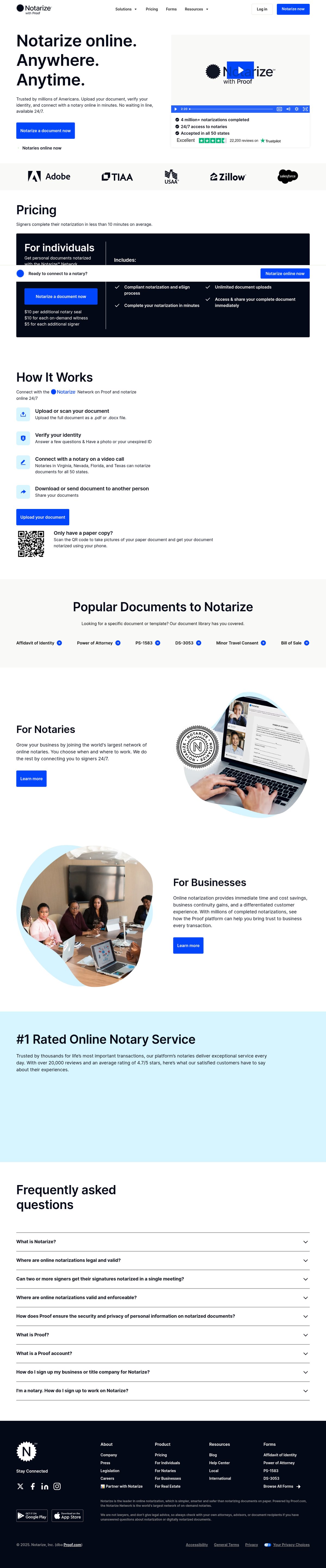 Screenshot of the Notarize landing page