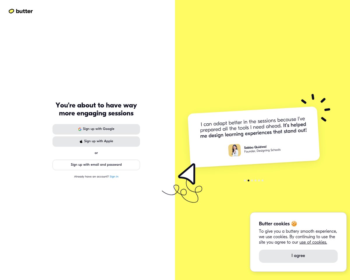 Screenshot of the Butter signup page