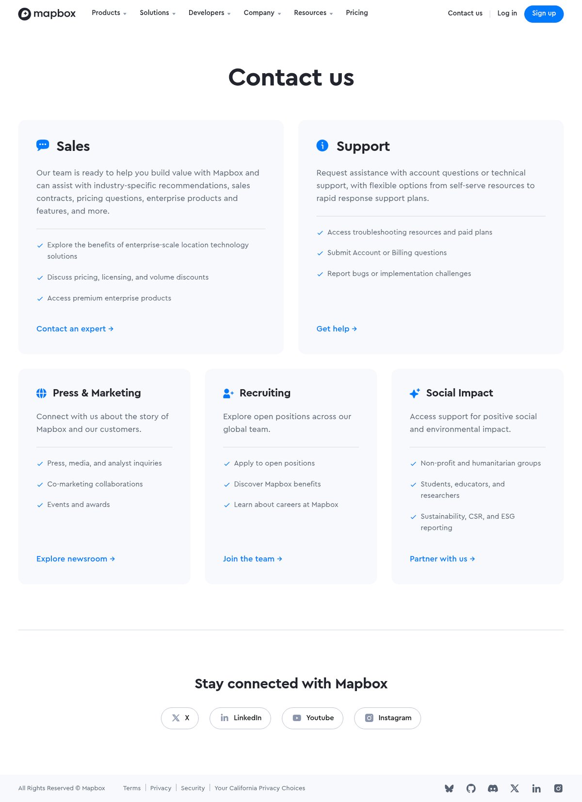 Screenshot of the Mapbox contact page