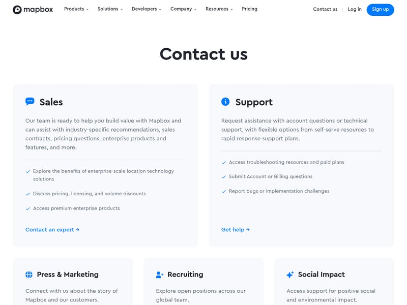 Screenshot of the Mapbox contact page