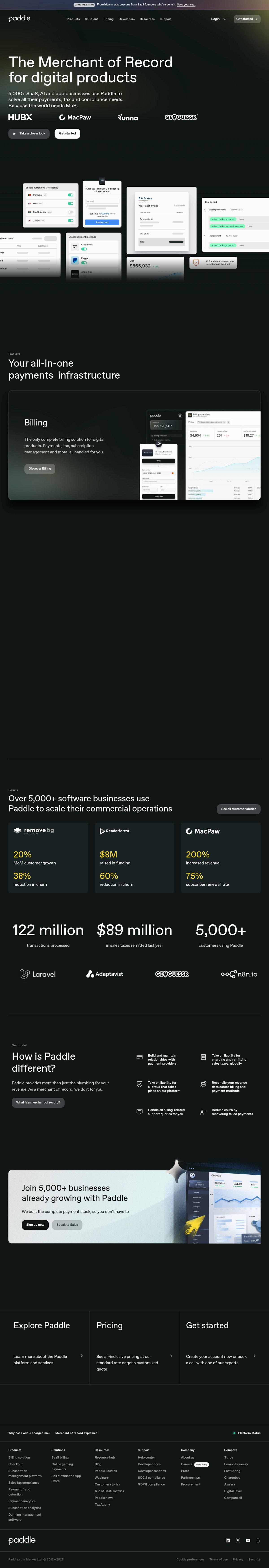 Screenshot of the Paddle landing page