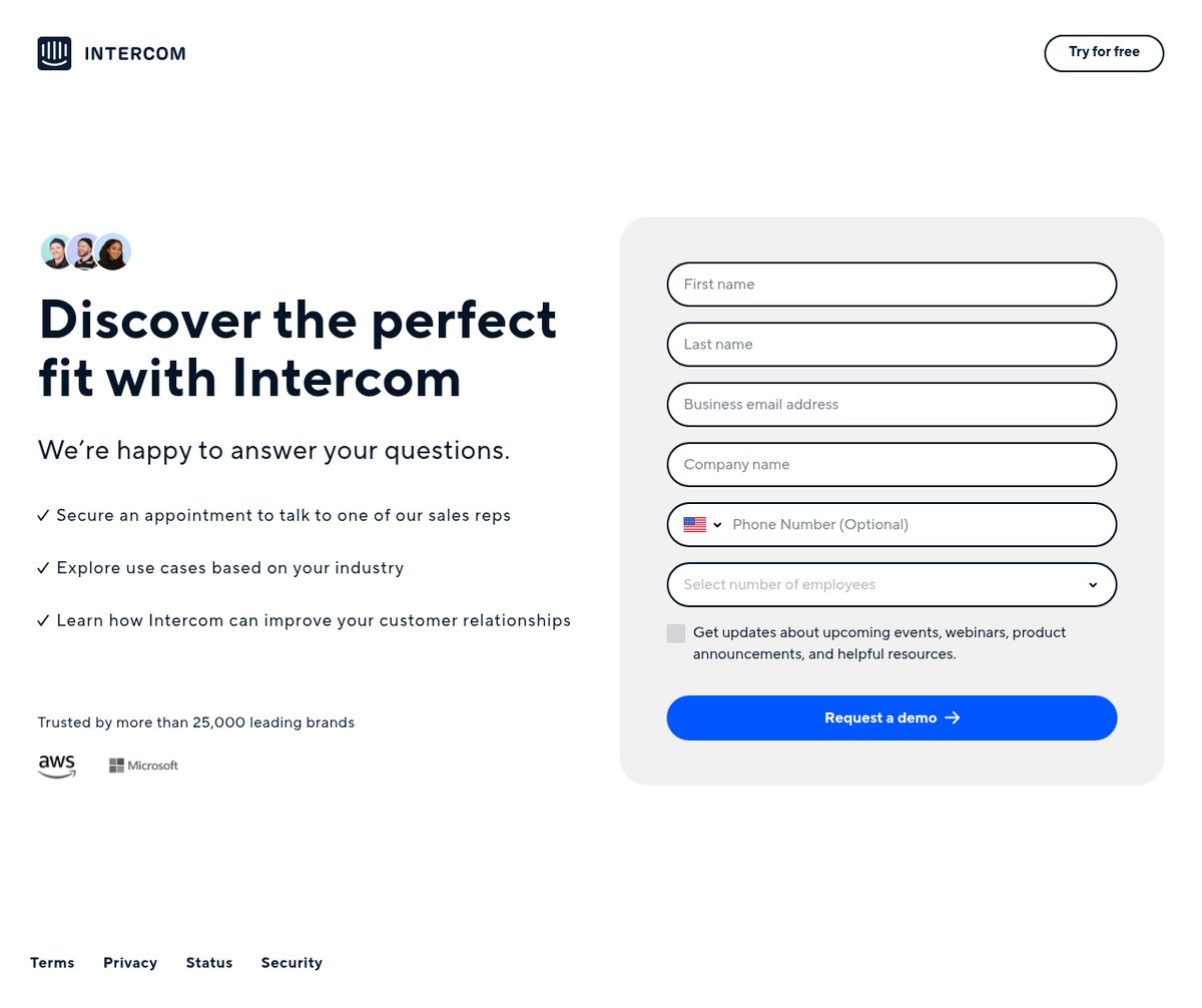 Screenshot of the Intercom contact page