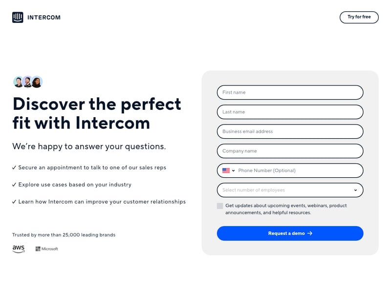 Screenshot of the Intercom contact page