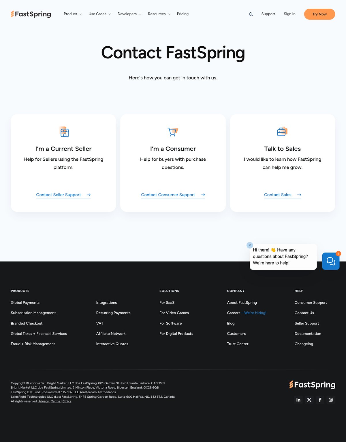 Screenshot of the FastSpring contact page