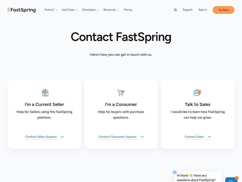 Screenshot of the FastSpring contact page