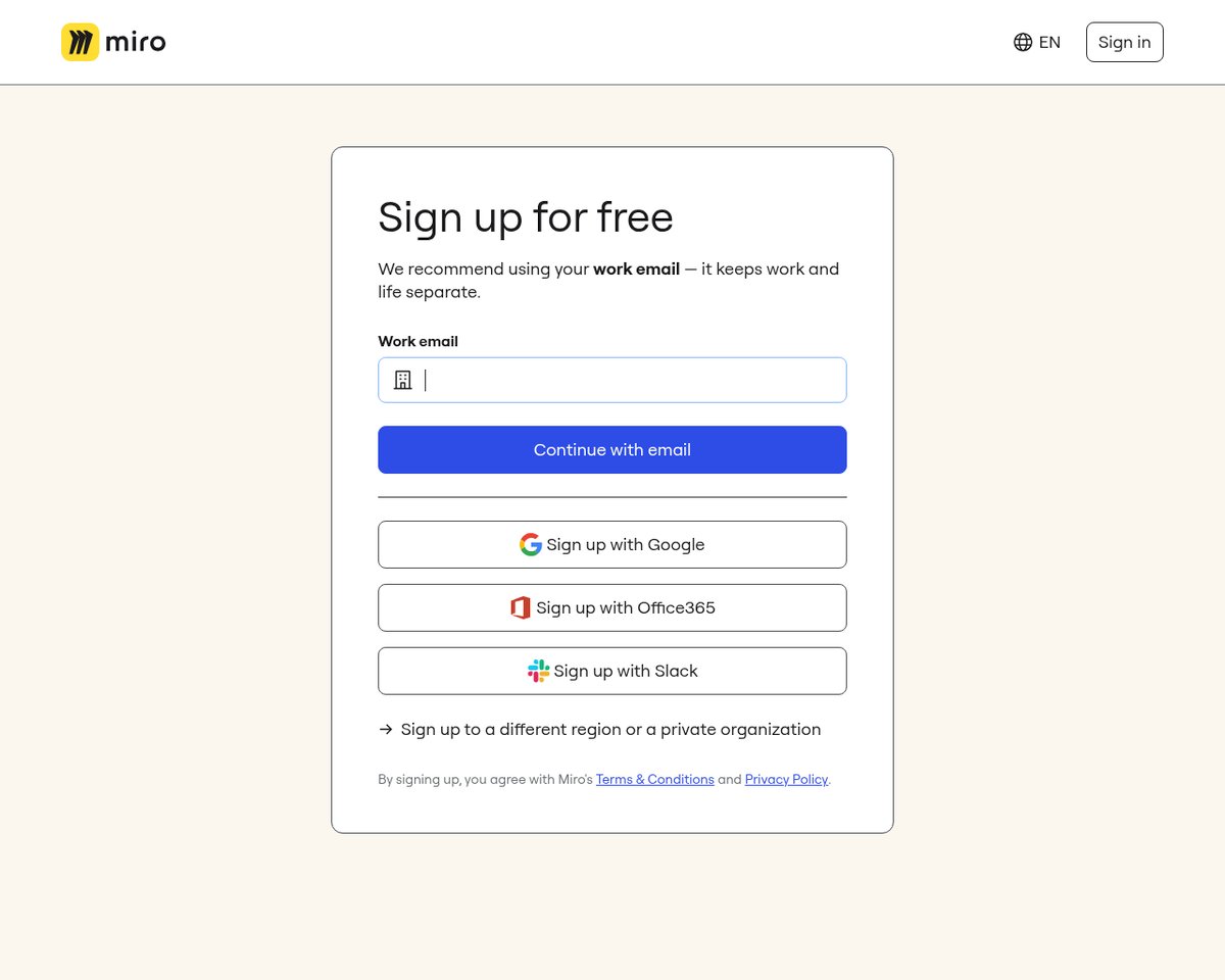 Screenshot of the Miro signup page