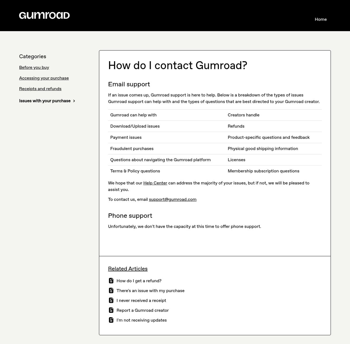 Screenshot of the Gumroad contact page