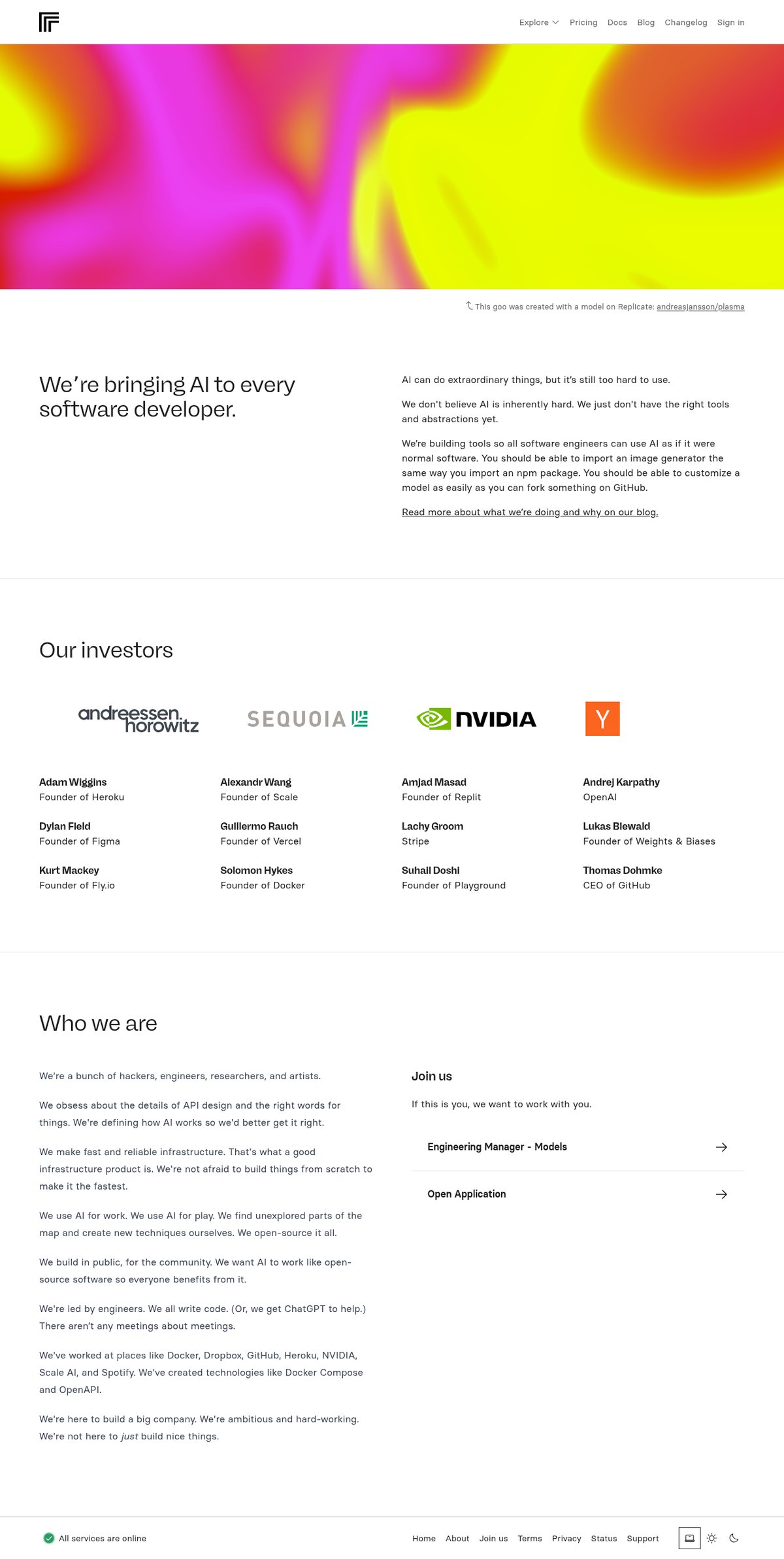 Screenshot of the Replicate about page