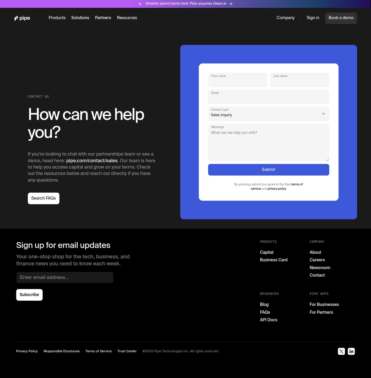 Screenshot of the Pipe contact page