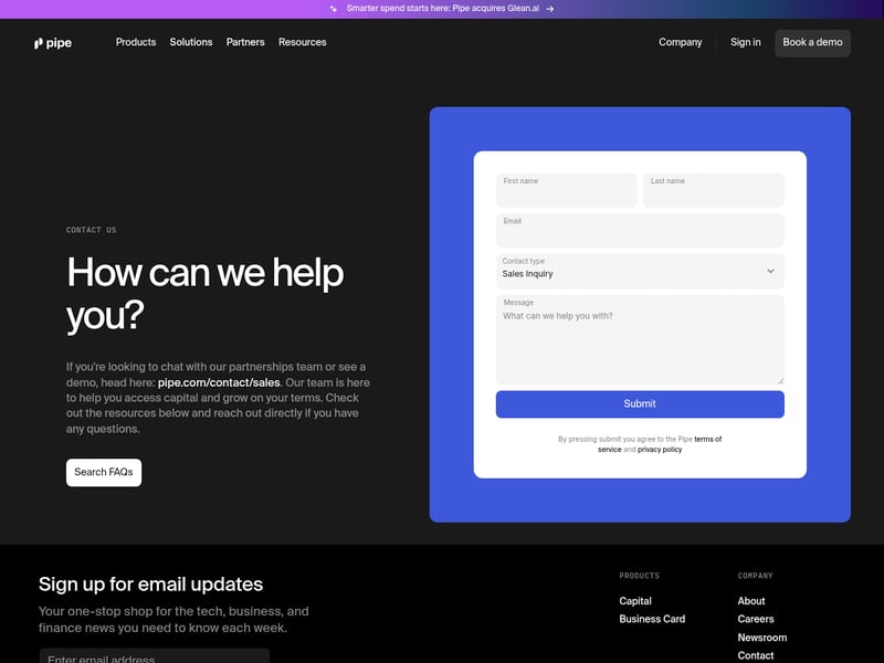 Screenshot of the Pipe contact page