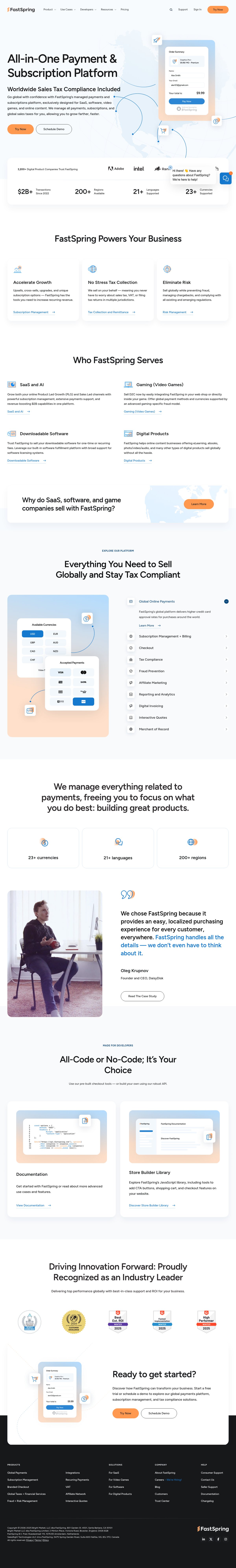Screenshot of the FastSpring landing page