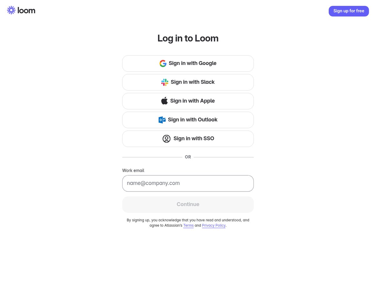 Screenshot of the Loom login page