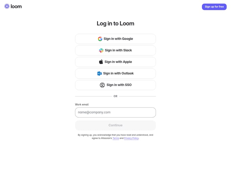 Screenshot of the Loom login page