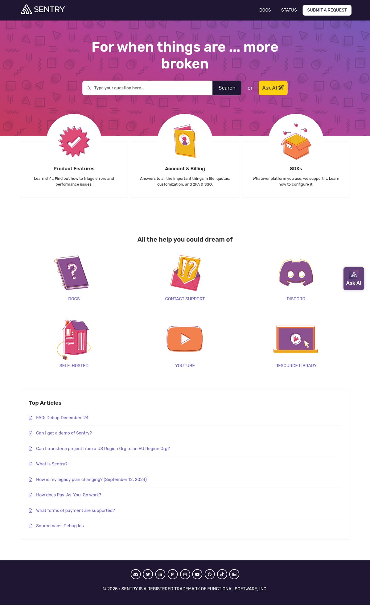 Screenshot of the Sentry FAQ page