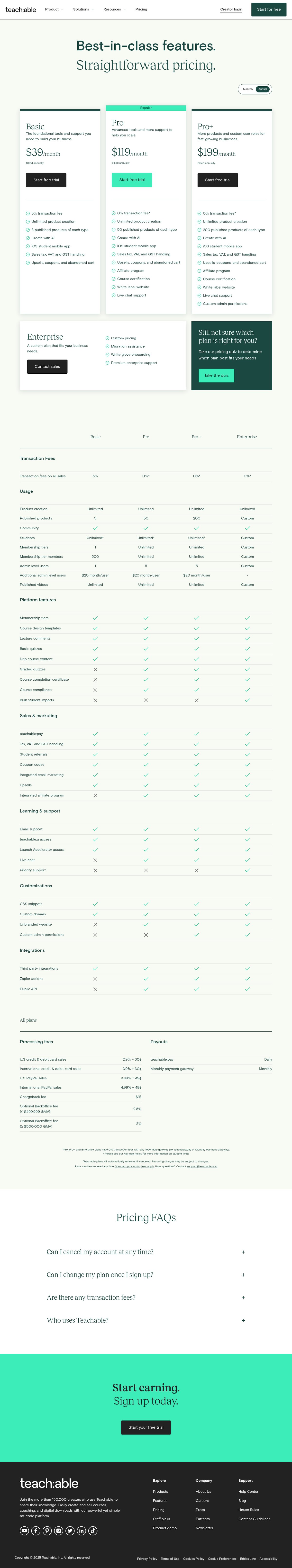Screenshot of the Teachable pricing page