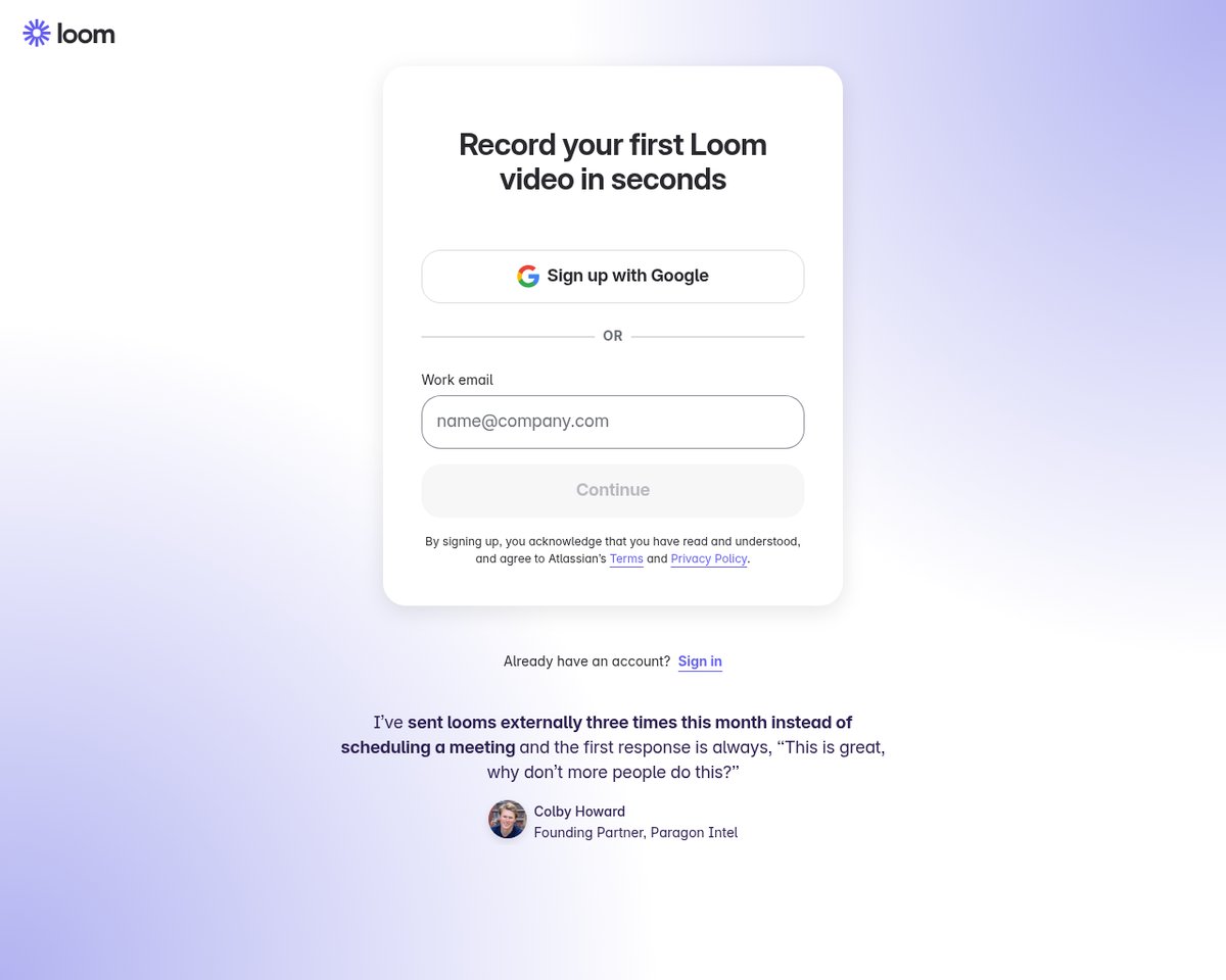 Screenshot of the Loom signup page