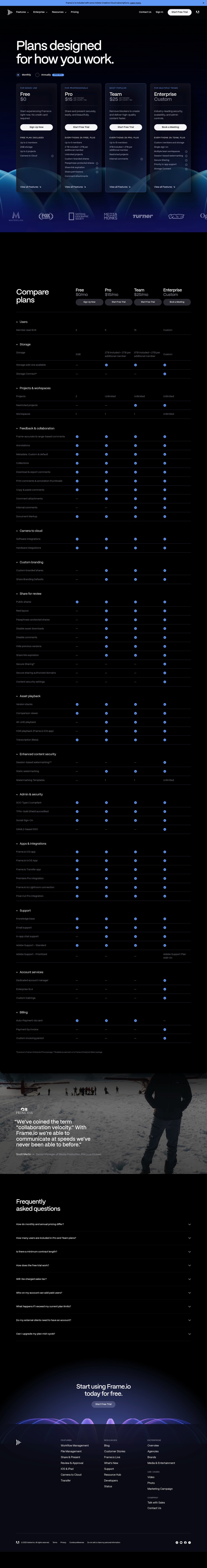 Screenshot of the Frame.io pricing page