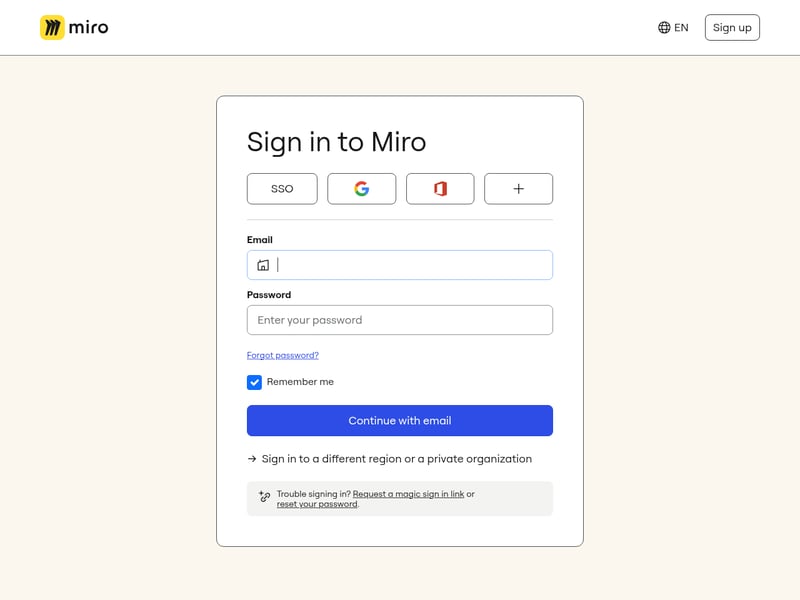 Screenshot of the Miro login page