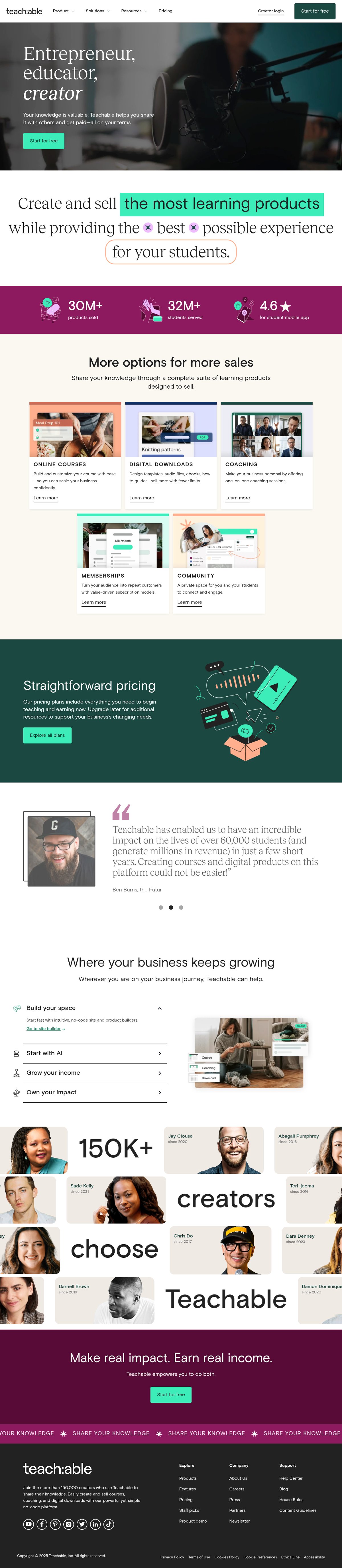 Screenshot of the Teachable landing page