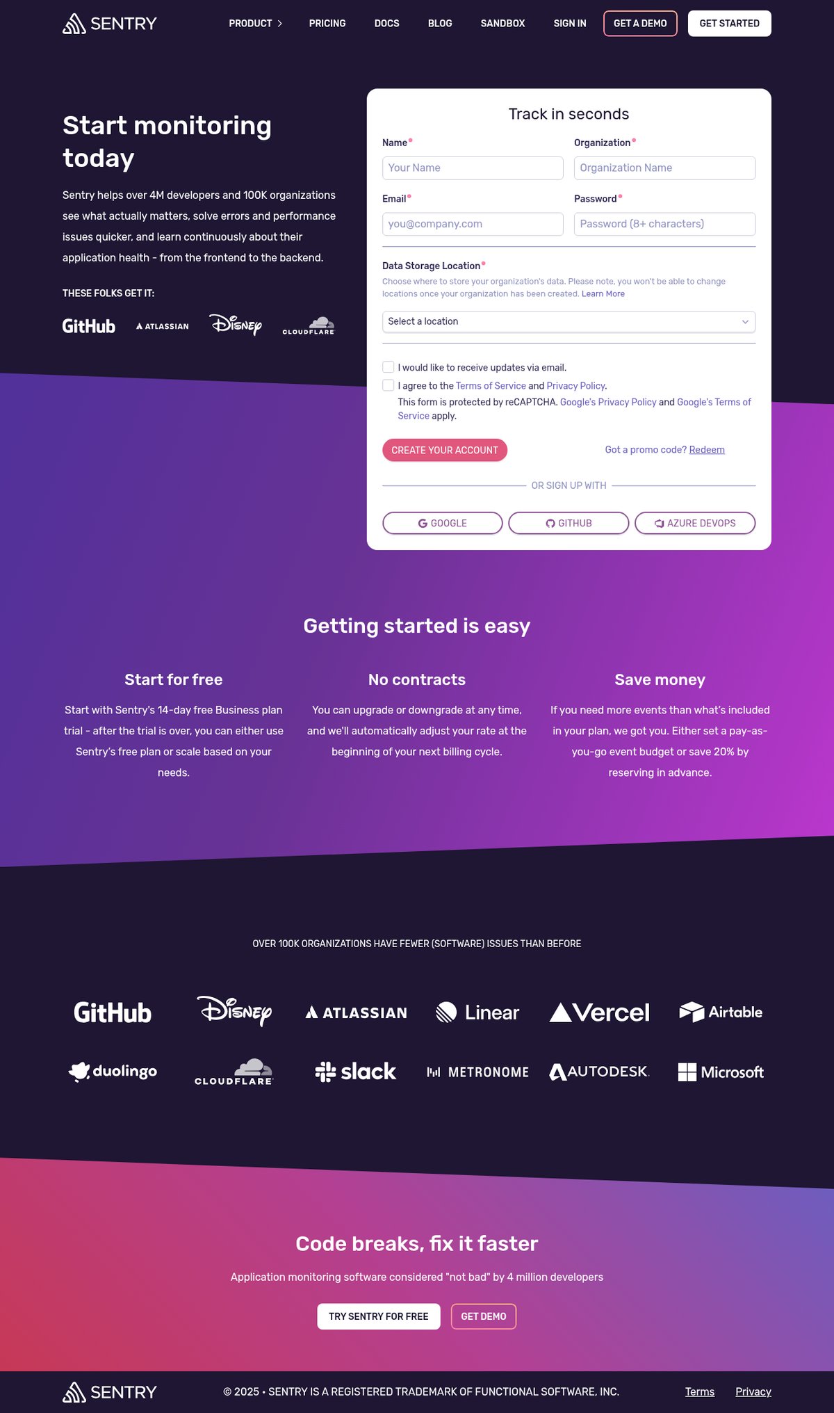 Screenshot of the Sentry signup page