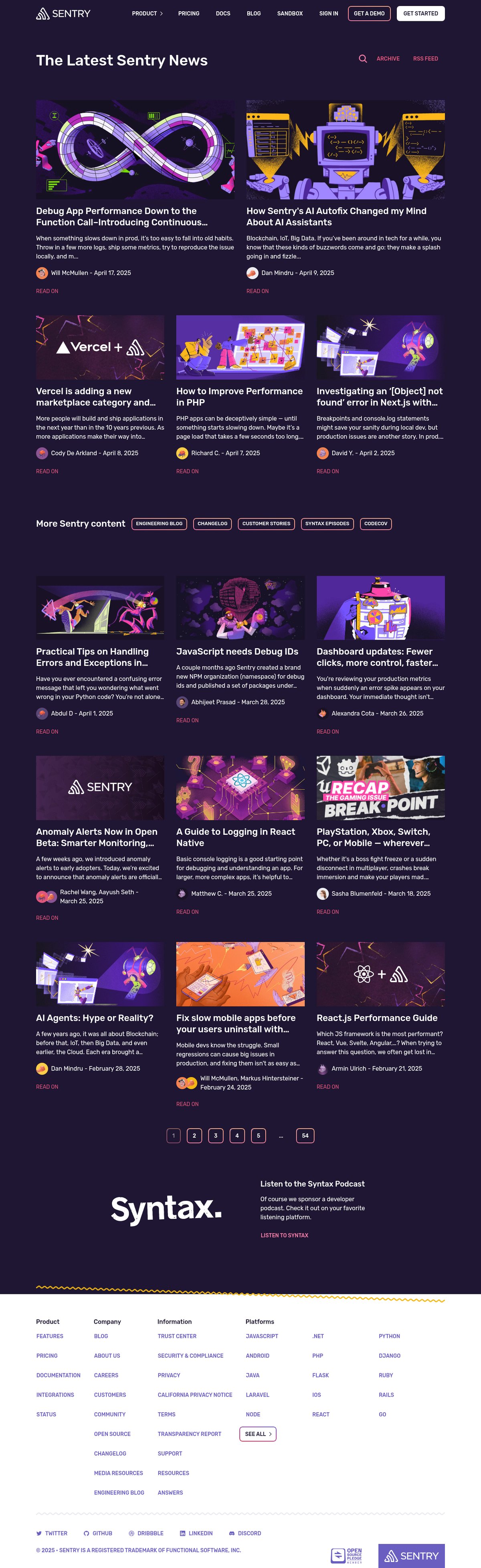 Screenshot of the Sentry blog page