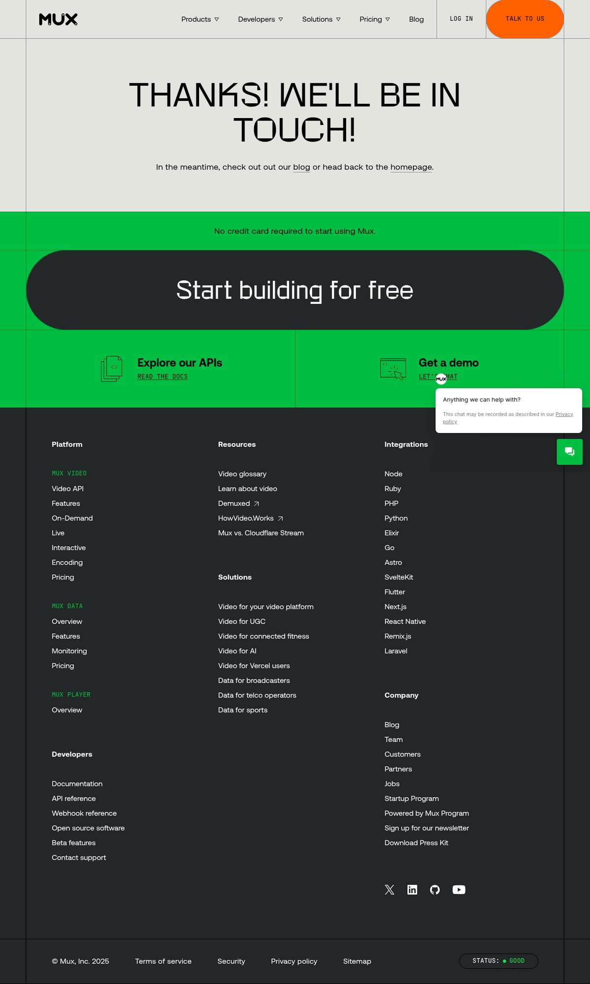 Screenshot of the Mux contact page