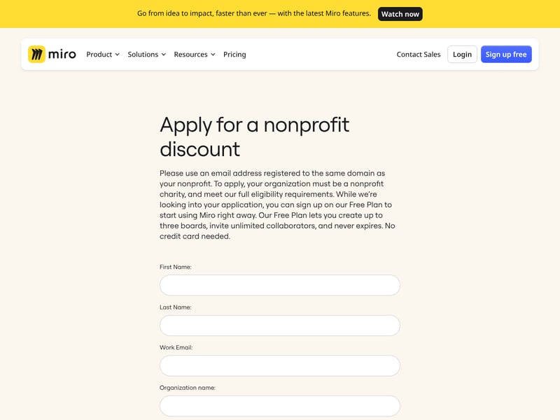 Screenshot of the Miro contact page