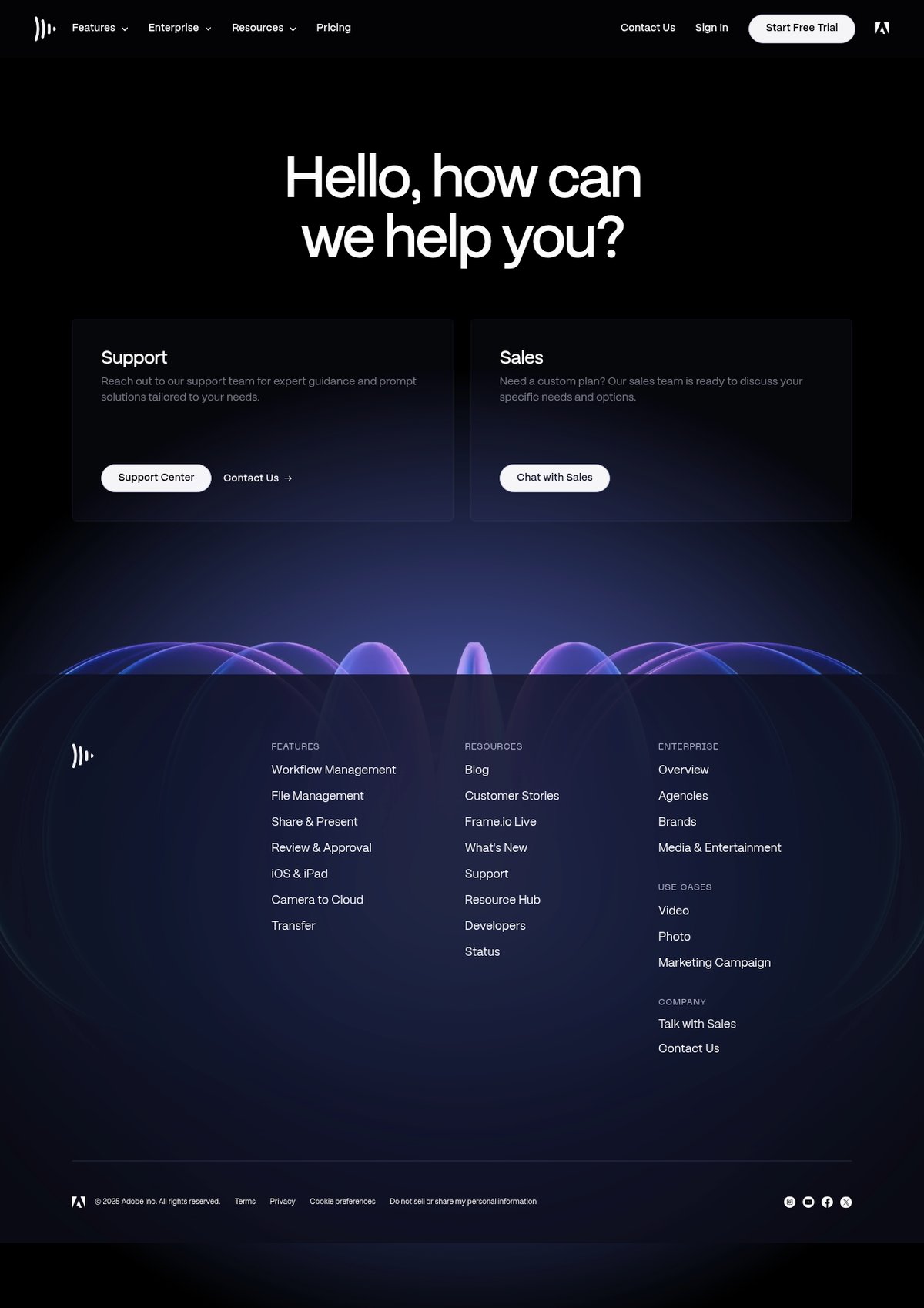Screenshot of the Frame.io contact page