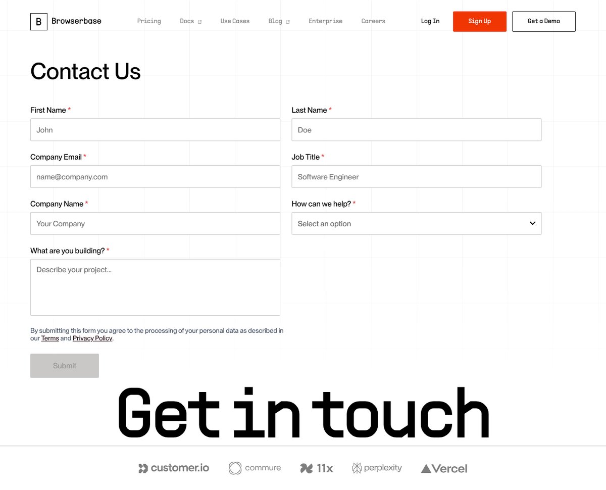 Screenshot of the Browserbase contact page