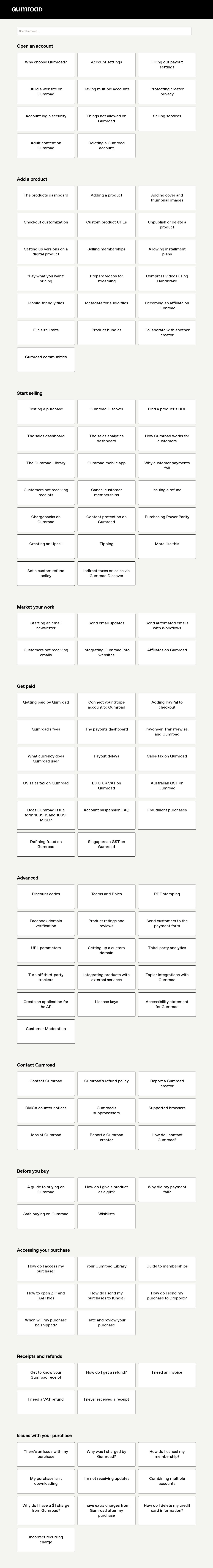 Screenshot of the Gumroad FAQ page