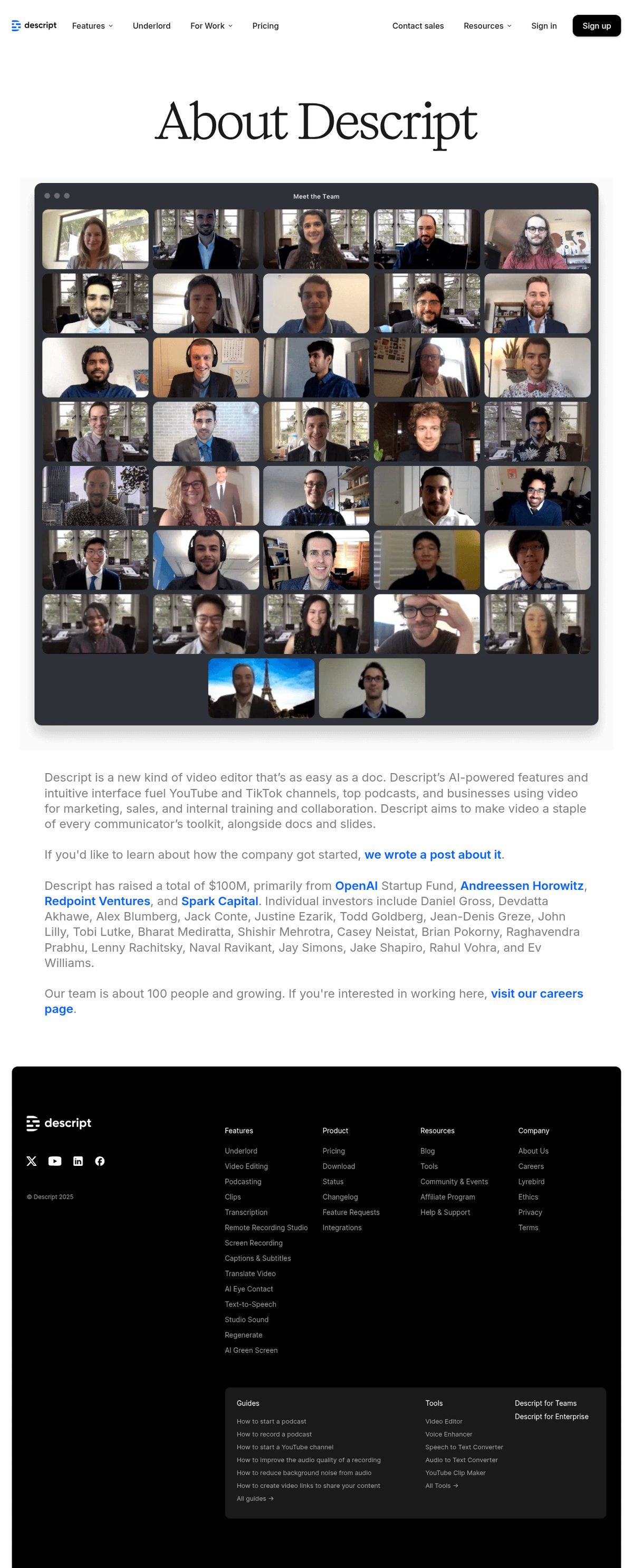 Screenshot of the Descript about page