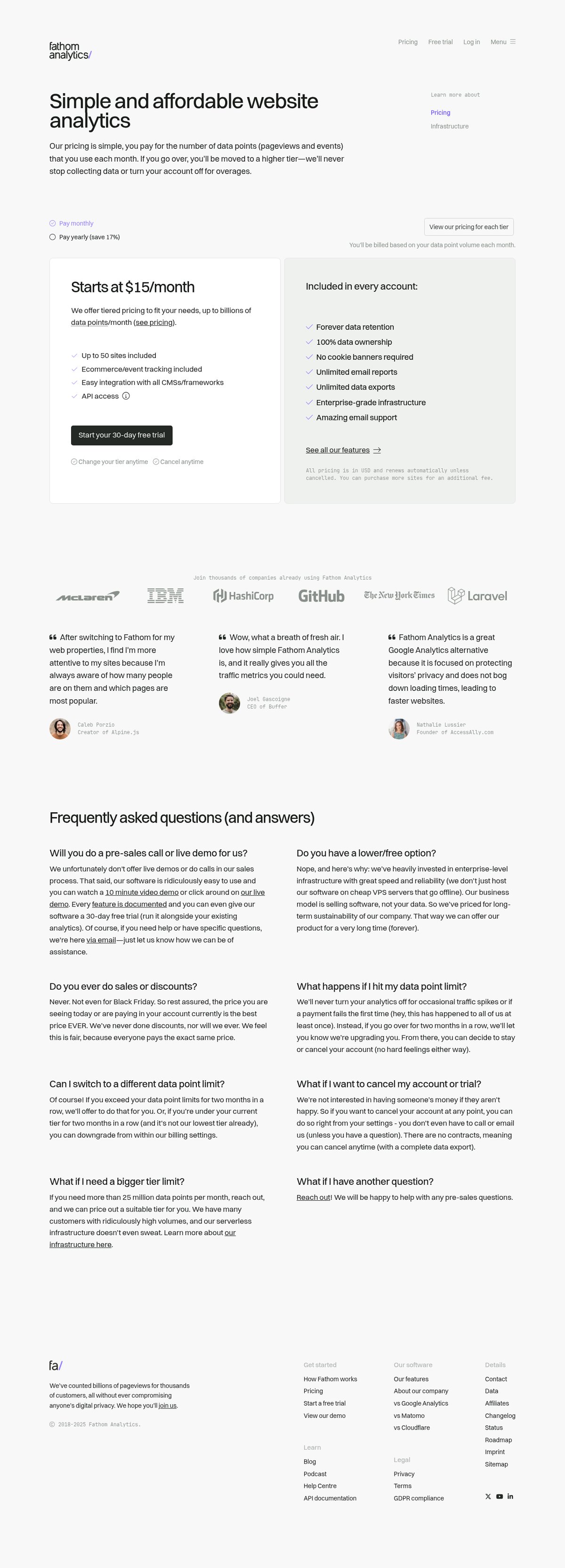 Screenshot of the Fathom pricing page