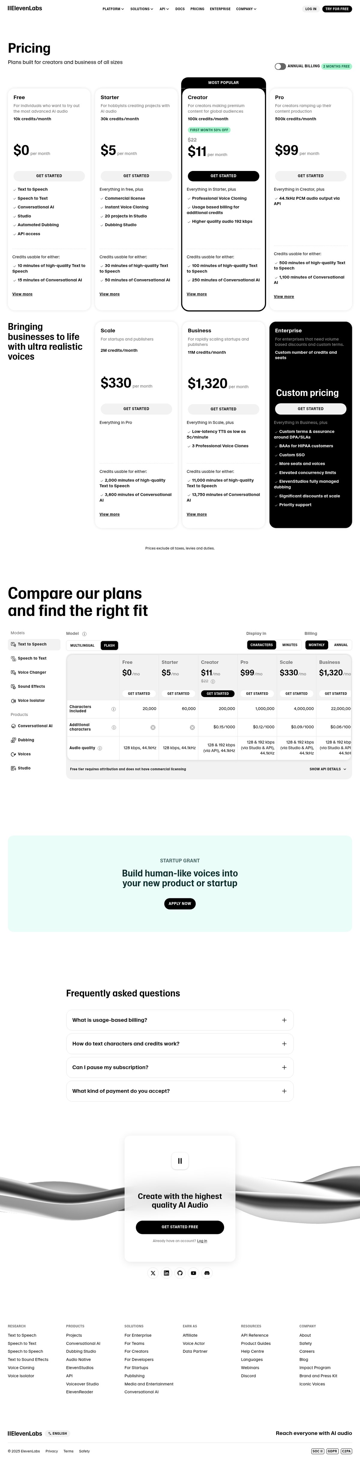 Screenshot of the ElevenLabs pricing page