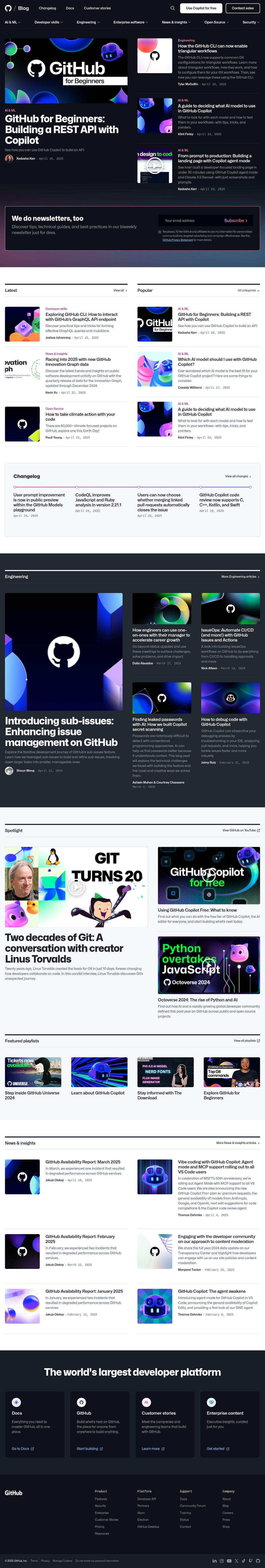 Screenshot of the GitHub blog page