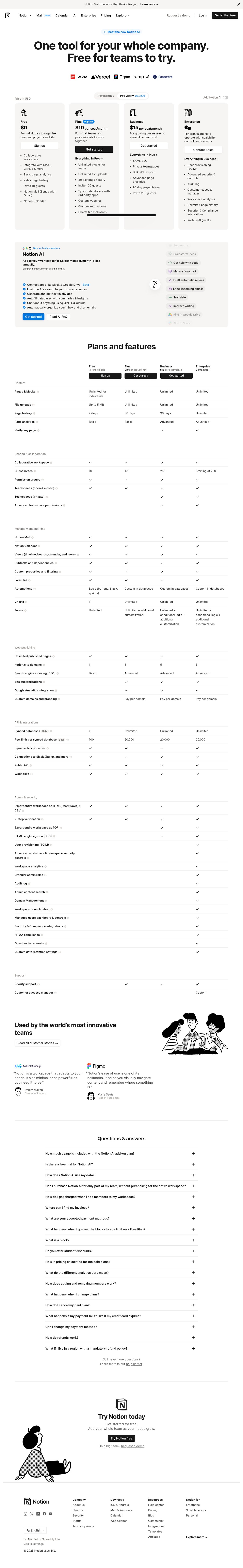 Screenshot of the Notion pricing page