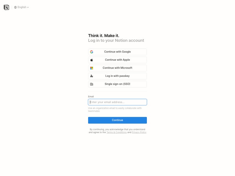 Screenshot of the Notion login page
