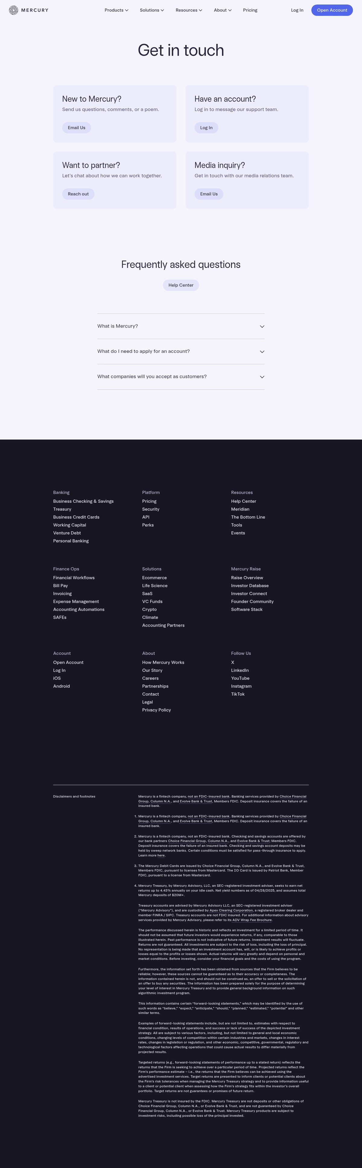 Screenshot of the Mercury contact page